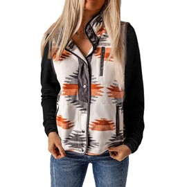 SELINK Womens Fleece Jacket Lightweight Vest Aztec Print Sleeveless Snap Button Down Cardigan Outerwear with Pockets Grey-L