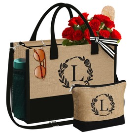YOOLIFE Gifts for Women - Birthday Gifts for Women, Initial Jute Tote Bag, Birthday Gifts for Her Friend Teacher Mom Sister, Bridesmaid Gifts, Bridal Shower Wedding Gifts, L Initial Tote Bag