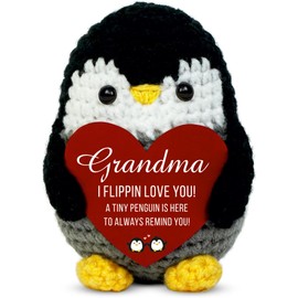 VELENTI Handmade Crochet Penguin Plush with Message Card – Grandma, I Flippin Love You! Cute Tiny Penguin Reminder Gift for Grandma