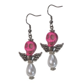 Earrings, Winged Gothic Angel Faux Pearl Gemstone Skull Teardrop Earrings Dangle Charm +GIFT BAG