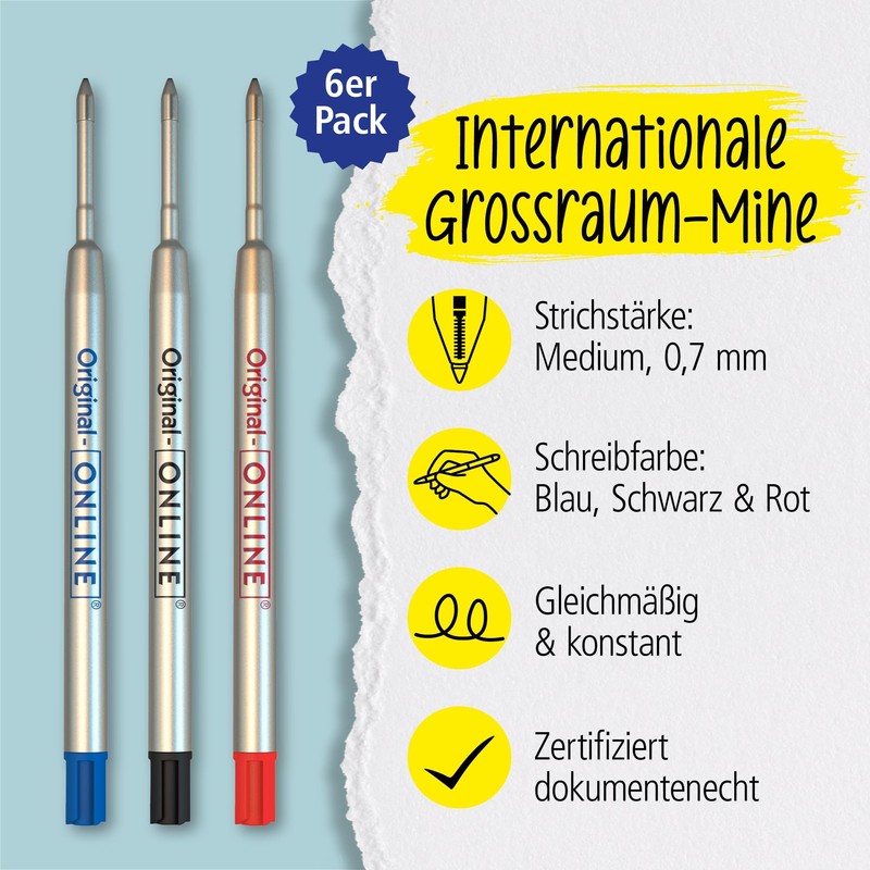 Online 6 ballpoint pen refills blue, black, red, G2 format,