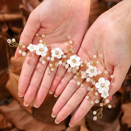 HEREAD Flower Bride Wedding Hair Vine Pearl Bridal Headband Rhinestones Hair Breath Accessories for Women and Girls (B Gold)