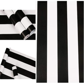 PoetryHome Self Adhesive Vinyl White Black Stripe Peel and Stick Wallpaper Shelf Liner Paper for Walls Furniture Cabinets Bedroom Kitchen Bathroom Decal Removable Waterproof (17.7x197 Inches)