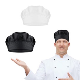 TIESOME 2PCS Chef Hat Adjustable Elastic Baker Kitchen Cooking Chef Cap, Reusable and Washable Durable Pure Cotton Cook Cap (Cotton, Black+White)