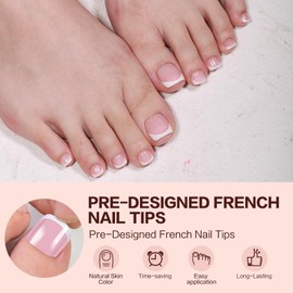 GELLAKTIK French Tip Press on Toenails 144PCS with 4 Strips, 18 Sizes Pink Fake Nails - No Need to File, Pre-applied Primer, Short Square Toe Nails Kit for Women Pedicure & Gift