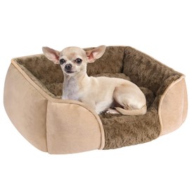 YAEM Small Dog Bed, Swirl Rose Velvet Calming Dog Beds Cat Beds, Anti Anxiety Dog Sofa Bed, Machine Washable Aiti-Slip Pet Beds with Removable Cushion, Light Brown - S (20"x19"x6")