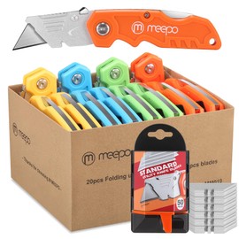M MEEPO Box Cutter, 20-Pack Tough Folding Box Cutter Bulk for Heavy Duty Purpose, Razor Sharp Utility Knife Bulk, with Extra 50-Piece Blades, Can cut Drywall, Sheet Plastic, Linoleum, Boxes, Rope