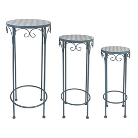 Plant Stand Set of 3 Round Ceramic Top 28" Tall Mosaic Metal Flower Stand Tile Nesting Display Side Table Indoor Outdoor Plant Rack Flower Holder for Wedding Party Patio Living Room Frame Stackable Garden Accessory Decorative (Blue)
