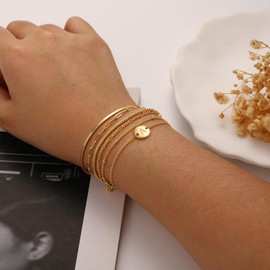 Aretas Gold Bracelet for Women, 6PCS 14K Real Gold Plated Letter M Link Charm Bracelet Stackable Jewelry Set Gifts for Girl Girlfriend Daughter Mom