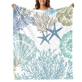 Fleece Throw Blanket Super Soft Warm Flannel Nautical Coastal Child Blankets for Couch, Sofa Bed, Cozy,Fuzzy and Lightweight,Ocean Coral Beach Blue Teal,40x50 Inches