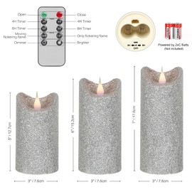 GiveU Silver Glitter Candle 3D Moving Flame LED Candle Sets with Remote, Set of 3 Real Flame Effect Battery Operated Flameless Candle, Home Decor Table Centerpiece