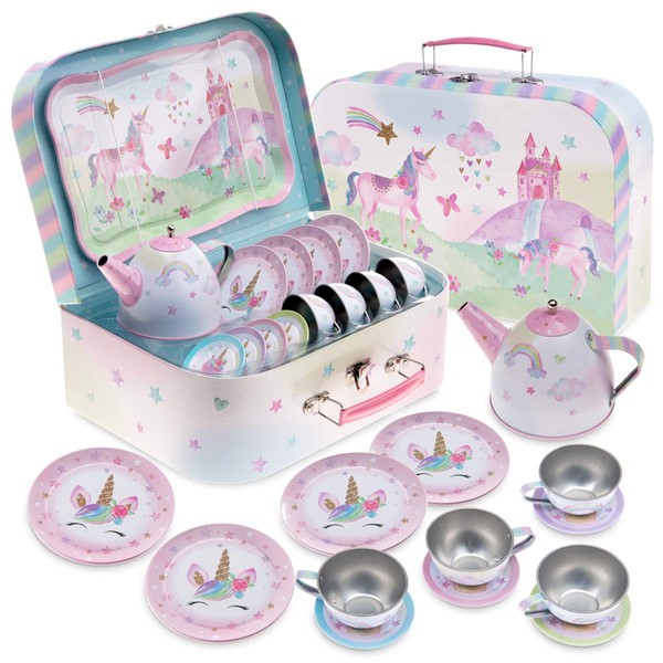 Jewelkeeper 15-Piece Party Tin Tea Set for Toddlers - Kids Pretend Toy Set with Carrying Case - Picnic Toys for Toddler - Unique Gift For Toddler, Kids and Girls - Unicorn Tea set toy