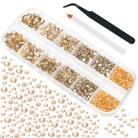 4010pcs Champagne Gold Nail Art Rhinestones Kit Makeup Flatback Rhinestones Golden Nail Charms 6 Sizes (1.6-6.1mm) Up to SS30 Round Crystal Nail Gems Stones w Picking Pen for Nail DIY Eyes Face Makeup