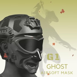 Tactical Ghost Mask Oni Samurai Demon Hannya Masks with Wide-Angle Goggles, Impact-Resistant Eye Sponge Gasket, Breathable Full Face Protection Airsoft Mask Military Darkwear (Headgear&Mask-Black)