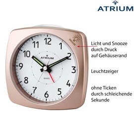 Atrium A251-17 Analogue Quartz Alarm Clock without Ticking with Light and Snooze Rose Metallic