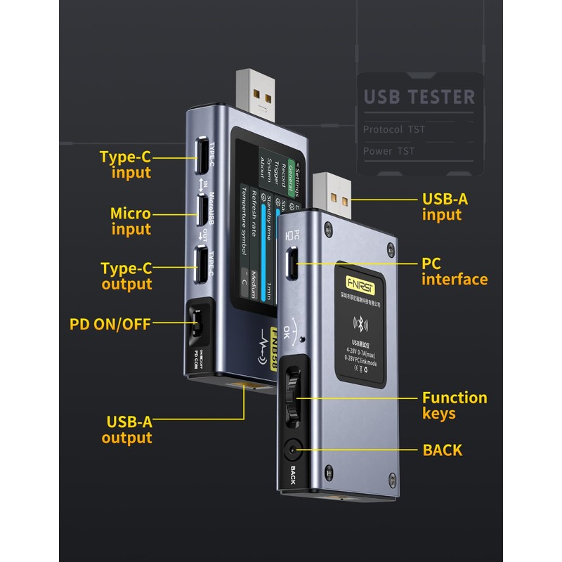 【Modelo mejorado] Probador USB con Bluetooth, multímetro de alimentación USB
