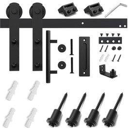 SMARTSTANDARD 5.5 FT Heavy Duty Sturdy Sliding Barn Door Hardware Kit, Black, (Whole Set Includes 1x Pull Handle Set & 1x Floor Guide) Fit 30"-33" Wide Door Panel (I Shape Hanger)