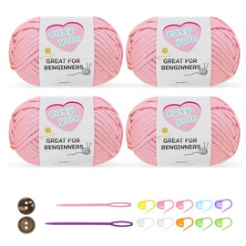 Chunky Crochet Yarn Kit for Beginners Thick Wool Cotton Amigurumi Yarn 4x50g Chunky Wool for Knitting, Ideal Easy Crochet Starter Kit for All Your Crochet Projects (4-Pink)