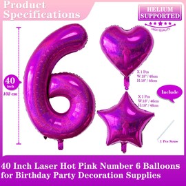 Laser Hot Pink Number 6 Balloons, 40 Inch Giant Pink Number Balloons Nylon Helium Hot Pink Number 6 Balloons for 6th Birthday Party Supplies Anniversary Event Celebration Decorations