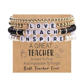 TETING GINING Love Teacher Inspire Letter Gold Ball Clay Beaded Card Bracelets for Women Jewelry (A)