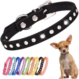 Pimaodog Rhinestone Dog Collar Suede Leather Crystal Diamond Colorful Bling Girl Puppy Cat Collars XS Small Pets (S, Black)