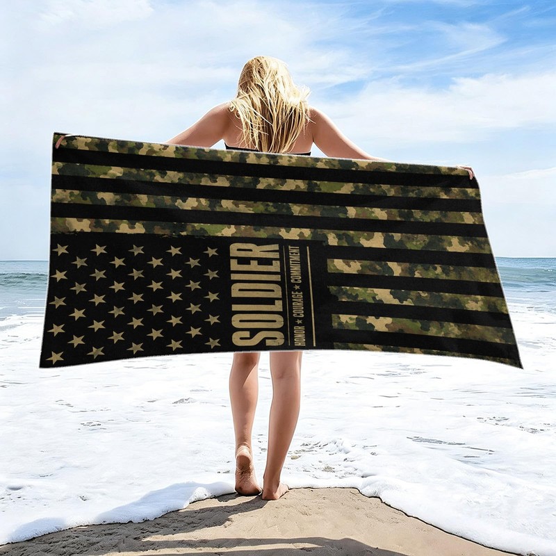 Camo USA Flag Faith Beach Towel, Large Absorbent Quick Dry