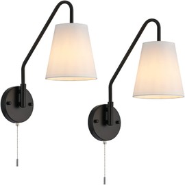 PASSICA DECOR Set of 2 Swing Arm Wall Sconce Modern Lamp with Pull Chain ON Off Industrial 2 Pack White Fabric Wall Light Bedroom Bathroom Reading Farmhouse