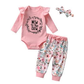 Newborn Baby Girl Clothes Preemie Long Sleeves Romper+ Floral Pants Headband 3pcs Set Pink 0-3 Months