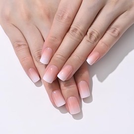 Short Oval Press On Nails, Light Nude White Ombre Soft Gel Nails, Natural Reusable Stick On Nail in 15 Sizes - 30 Fake Nail Kit, Silken Fade