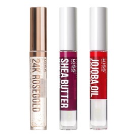 Kiss New York 3 PACK Lip Oil Gloss, Hydrating Non-Sticky Lip Oil, 100% Natural Oil Clear Lip Gloss, Lightweight Lip Moisturizer (Rosegold & Shea Butter & Jojoba)