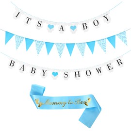 Blue Baby Shower Decorations, Baby Shower Banner, Gender Reveal Decoration Includes "It's A Boy" Banner, Mummy To Be Sash, And Pink Pennant, As Party Decorations or Photo Prop