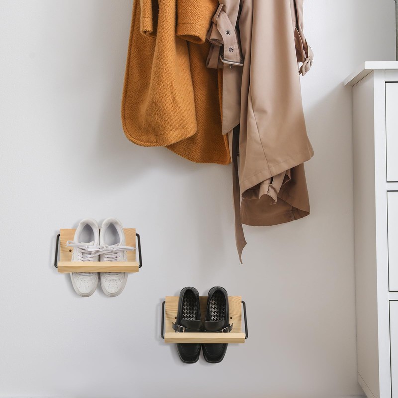 Mifoci 2 Pcs Wall Mounted Shoe Rack Organizer Wooden Modern