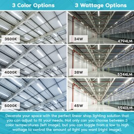 LUXRITE 4FT LED Strip Light Fixture, 34W/38W/45W Adjustable, Up to 5940 Lumens, 3 Color Selectable 3500K-5000K, Linear Shop Light, 0-10V Dimmable, Damp Rated, UL Listed - Garage, Workshop