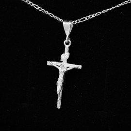Collar con Dije Cruz con Cristo en Plata Solida 925 con apariencia Madera para Hombre Cadena Fígaro 3x1 de 60 Cm y 2mm Cadena de Plata para Caballero - FALÚ JOYERÍA