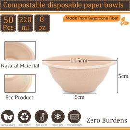 50Pcs Strong Disposable Paper Bowls,8oz 220ml Disposable Sugarcane Bagasse Bowls Brown Super Rigid Biodegradable and Compostable Bowls,Plastic Bowls for Party,Soup,Dessert Bowl,Sturdy Paper Bowls