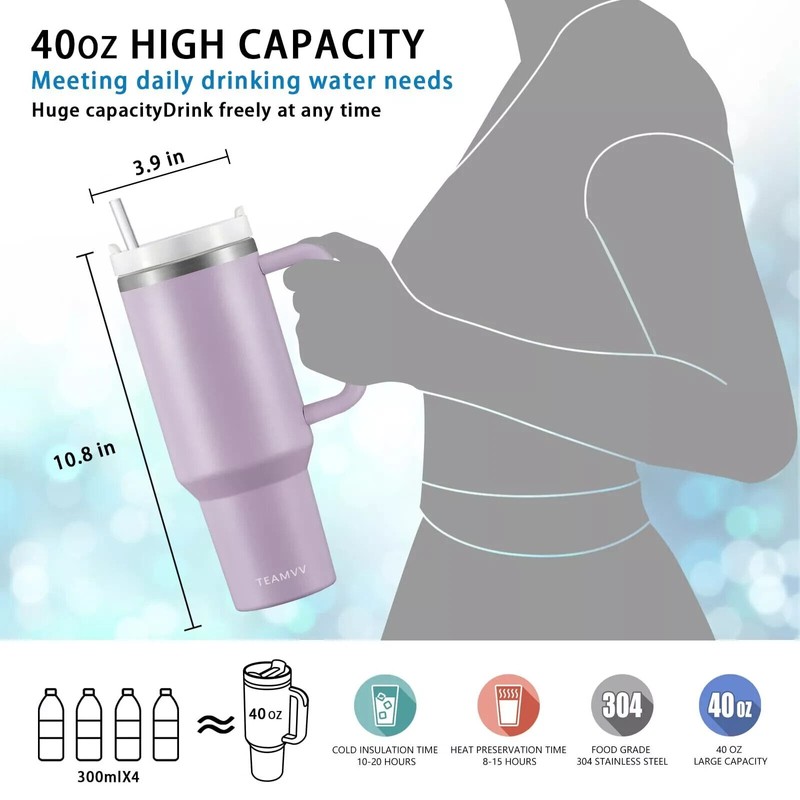 TEAMVV 40oz Stainless Steel Tumbler with Straw & Lid –