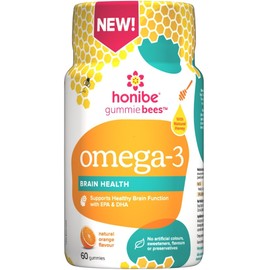 Honibe Gummie Bees Omega 3 Brain Health (Supports Cognitive Function), 60 Gummies, Natural Orange