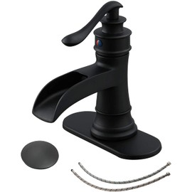 BWE Waterfall Bathroom Faucet Matte Black Bathroom Sink Faucet with Pop Up Drain Single Handle Deck Plate for 1 or 3 Hole Vanity Farmhouse Mixer Tap Fits All States, California 1.2 GPM Standard