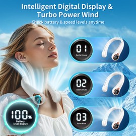 ZHZW Portable Neck Fan with 6000mAh USB - Rechargeable Battery, Ultra-Light Bladeless Neck Fan LED Display, 360° Cooling Wearable Fan, 3 Speeds (White)