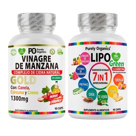 Purely Organics  Combo Vinagre de Manzana Gold  LipoGreen 7 en 1  Apoyo Digestivo, Energía y Bienestar Metabólico  90 Cápsulas cu                     