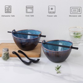 STE-CER Ceramic Ramen Bowl with Chopsticks and Spoons Set, 6.7 Inch Noodle Bowl Set for Pho Udon Soba, Set of 2 (Sky Blue)
