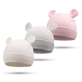 Bamery Newborn Baby Girls Hospital Hat Thick Cute Bear Ear Cotton Baby Boy Beanie for 0-6Months (White+Pink+Gray,0-6 Months)