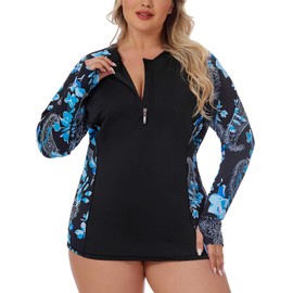 Luranee Plus Size Bathing Suits for Women,Plus Size Rash Guard Long Sleeve UV Sun Protection Zip Front Side Adjustable Swimwear Bathing Suit Top Water Skiing Blue Paisley 4XL