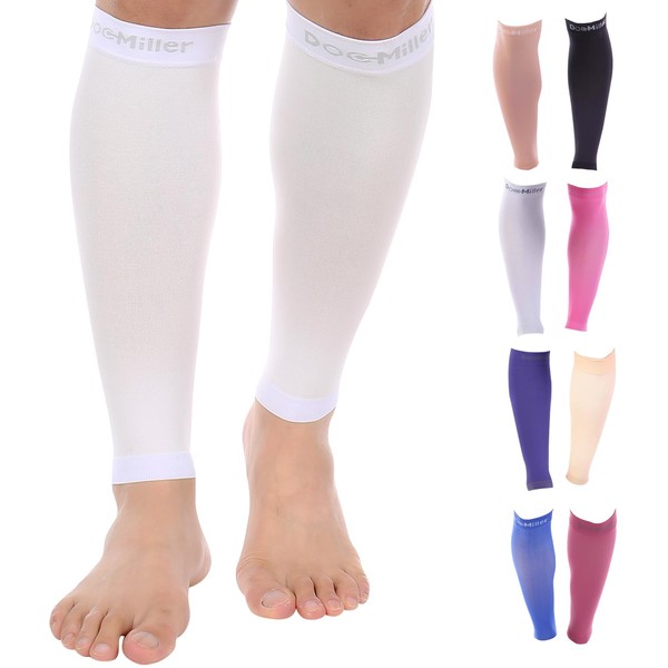 Doc Miller Calf Compression Sleeve Men and Women - 15-20mmHg Shin Splint Compression Sleeve Recover Varicose Veins, Torn Calf and Pain Relief - 1 Pair Calf Sleeves White Color - XX-Large Size