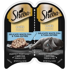 SHEBA PERFECT PORTIONS Cuts in Gravy Wet Cat Food Trays (24 Count, 48 Servings), Whitefish and Tuna Entrée, Easy Peel Twin-Pack Trays, 2.6 Ounce (Pack of 24)