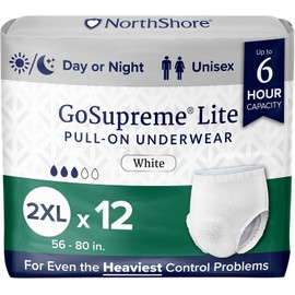NorthShore GoSupreme Lite Incontinence Underwear, 6-Hour Pullup Style, 2X-Large, 12 Count Bag, White, 56-80 inches, Unisex Adult Diapers