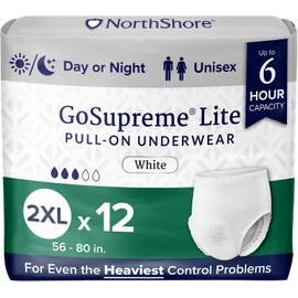 NorthShore GoSupreme Lite Incontinence Underwear, 6-Hour Pullup Style, 2X-Large, 12 Count Bag, White, 56-80 inches, Unisex Adult Diapers