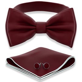 Adam Young Men's Burgundy Bow Tie with Handkerchief & Cufflinks Pre-Tied Style Formal Satin Classic Bowtie for Tuxedo Faux Silk (Large, Merlot Red)