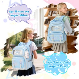 Amythe School Bag Girls School Bag for Girls 2nd - 5th Grade Casual Kids Backpack School with Cute Pendant School Backpack for Girls Aged 8 to 14 Years, blue