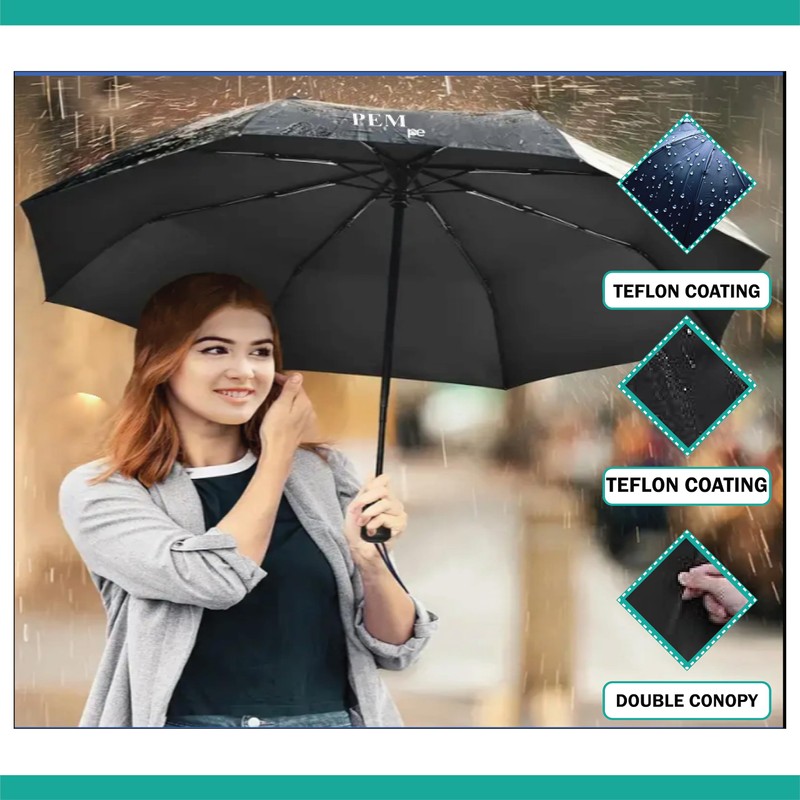 PEM Black Umbrella Compact Travel Folding Umbrella,Durable Rain Windproof Portable